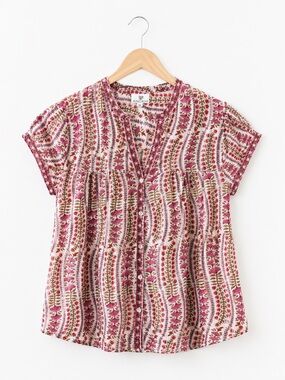 Cotton Floral Button-Front Short Sleeve Blouse Medium Anokhi